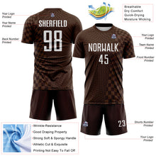 Load image into Gallery viewer, Custom Brown-White Geometric Patchwork Asymmetry Checkered Zigzag Lines Sublimation Soccer Uniform Jersey
