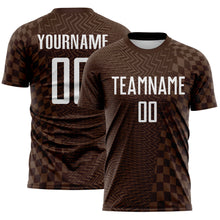 Load image into Gallery viewer, Custom Brown-White Geometric Patchwork Asymmetry Checkered Zigzag Lines Sublimation Soccer Uniform Jersey
