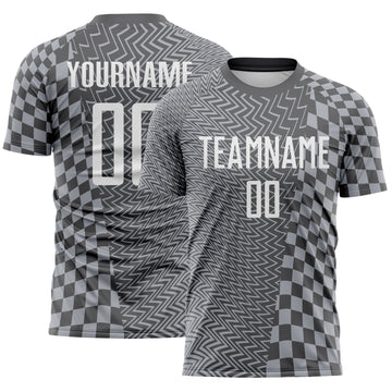 Custom Steel Gray-White Geometric Patchwork Asymmetry Checkered Zigzag Lines Sublimation Soccer Uniform Jersey