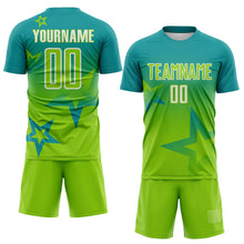 Загрузить изображение в средство просмотра галереи, Custom Teal Neon Green-White Gradient Style Twinkle Star Sublimation Soccer Uniform Jersey
