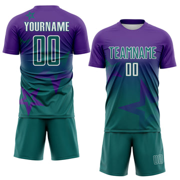 Custom Purple Teal-White Gradient Style Twinkle Star Sublimation Soccer Uniform Jersey