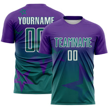 Laden Sie das Bild in den Galerie-Viewer, Custom Purple Teal-White Gradient Style Twinkle Star Sublimation Soccer Uniform Jersey
