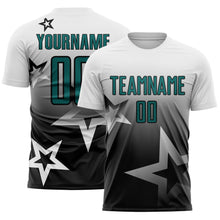 Laden Sie das Bild in den Galerie-Viewer, Custom White Teal-Black Gradient Style Twinkle Star Sublimation Soccer Uniform Jersey
