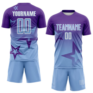 Custom Purple Light Blue-White Gradient Style Twinkle Star Sublimation Soccer Uniform Jersey