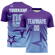 Charger l'image dans la galerie, Custom Purple Light Blue-White Gradient Style Twinkle Star Sublimation Soccer Uniform Jersey
