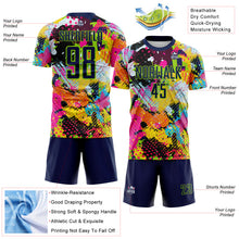 Laden Sie das Bild in den Galerie-Viewer, Custom Graffiti Pattern Navy-Neon Green Paint Splatter Sublimation Soccer Uniform Jersey
