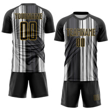Laden Sie das Bild in den Galerie-Viewer, Custom Black White-Old Gold Brush Stroke Fluid Stripes Sublimation Soccer Uniform Jersey

