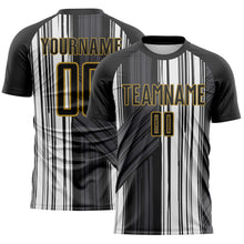 Laden Sie das Bild in den Galerie-Viewer, Custom Black White-Old Gold Brush Stroke Fluid Stripes Sublimation Soccer Uniform Jersey
