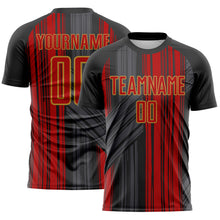 Laden Sie das Bild in den Galerie-Viewer, Custom Black Red-Old Gold Brush Stroke Fluid Stripes Sublimation Soccer Uniform Jersey
