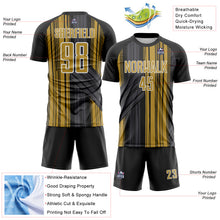 Laden Sie das Bild in den Galerie-Viewer, Custom Black Old Gold-White Brush Stroke Fluid Stripes Sublimation Soccer Uniform Jersey
