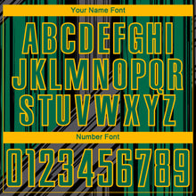 Laden Sie das Bild in den Galerie-Viewer, Custom Black Kelly Green-Gold Brush Stroke Fluid Stripes Sublimation Soccer Uniform Jersey
