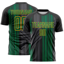 Laden Sie das Bild in den Galerie-Viewer, Custom Black Kelly Green-Gold Brush Stroke Fluid Stripes Sublimation Soccer Uniform Jersey
