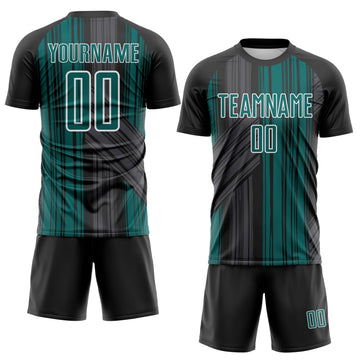 Custom Black Teal-White Brush Stroke Fluid Stripes Sublimation Soccer Uniform Jersey
