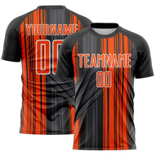 Laden Sie das Bild in den Galerie-Viewer, Custom Black Orange-White Brush Stroke Fluid Stripes Sublimation Soccer Uniform Jersey
