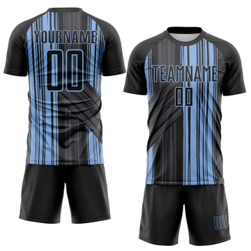 Custom Black-Light Blue Brush Stroke Fluid Stripes Sublimation Soccer Uniform Jersey