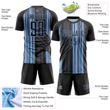 Laden Sie das Bild in den Galerie-Viewer, Custom Black-Light Blue Brush Stroke Fluid Stripes Sublimation Soccer Uniform Jersey
