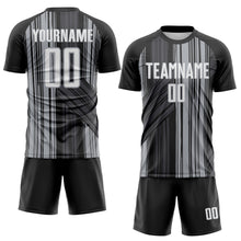 Laden Sie das Bild in den Galerie-Viewer, Custom Black White-Gray Brush Stroke Fluid Stripes Sublimation Soccer Uniform Jersey
