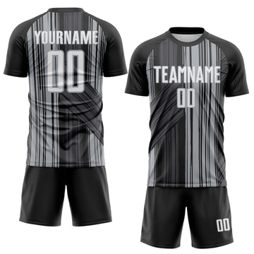 Custom Black White-Gray Brush Stroke Fluid Stripes Sublimation Soccer Uniform Jersey