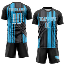 Laden Sie das Bild in den Galerie-Viewer, Custom Black Sky Blue-White Brush Stroke Fluid Stripes Sublimation Soccer Uniform Jersey
