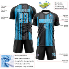 Laden Sie das Bild in den Galerie-Viewer, Custom Black Sky Blue-White Brush Stroke Fluid Stripes Sublimation Soccer Uniform Jersey

