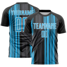 Laden Sie das Bild in den Galerie-Viewer, Custom Black Sky Blue-White Brush Stroke Fluid Stripes Sublimation Soccer Uniform Jersey
