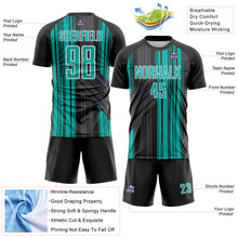 Laden Sie das Bild in den Galerie-Viewer, Custom Black Aqua-White Brush Stroke Fluid Stripes Sublimation Soccer Uniform Jersey
