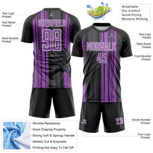 Laden Sie das Bild in den Galerie-Viewer, Custom Black Medium Purple-White Brush Stroke Fluid Stripes Sublimation Soccer Uniform Jersey
