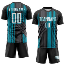 Laden Sie das Bild in den Galerie-Viewer, Custom Black White-Teal Brush Stroke Fluid Stripes Sublimation Soccer Uniform Jersey

