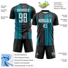 Laden Sie das Bild in den Galerie-Viewer, Custom Black White-Teal Brush Stroke Fluid Stripes Sublimation Soccer Uniform Jersey
