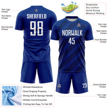 Laden Sie das Bild in den Galerie-Viewer, Custom Royal White-Navy Diagonal Stripes Sublimation Soccer Uniform Jersey

