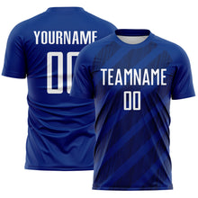 Laden Sie das Bild in den Galerie-Viewer, Custom Royal White-Navy Diagonal Stripes Sublimation Soccer Uniform Jersey
