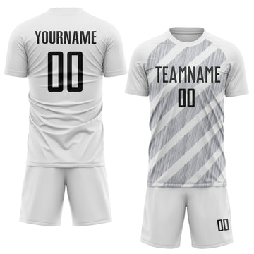 Custom White Black-Gray Diagonal Stripes Sublimation Soccer Uniform Jersey