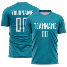 Загрузить изображение в средство просмотра галереи, Custom Teal-White Diagonal Stripes Sublimation Soccer Uniform Jersey
