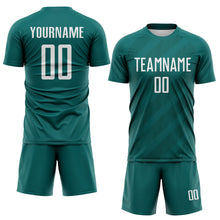 Laden Sie das Bild in den Galerie-Viewer, Custom Teal White-Midnight Green Diagonal Stripes Sublimation Soccer Uniform Jersey
