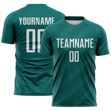Laden Sie das Bild in den Galerie-Viewer, Custom Teal White-Midnight Green Diagonal Stripes Sublimation Soccer Uniform Jersey
