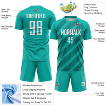 Laden Sie das Bild in den Galerie-Viewer, Custom Aqua White-Teal Diagonal Stripes Sublimation Soccer Uniform Jersey
