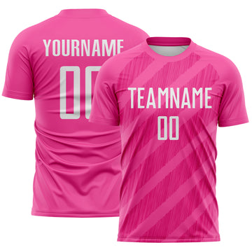 Custom Pink White-Hot Pink Diagonal Stripes Sublimation Soccer Uniform Jersey