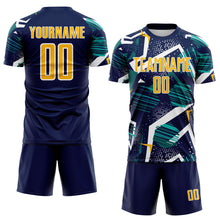 Load image into Gallery viewer, Custom Navy Gold Teal-White Geometric Asymmetry Shatter Sublimation Soccer Uniform Jersey
