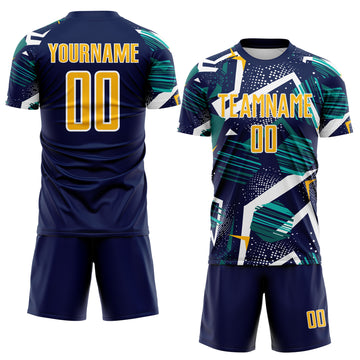 Custom Navy Gold Teal-White Geometric Asymmetry Shatter Sublimation Soccer Uniform Jersey