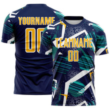 Load image into Gallery viewer, Custom Navy Gold Teal-White Geometric Asymmetry Shatter Sublimation Soccer Uniform Jersey
