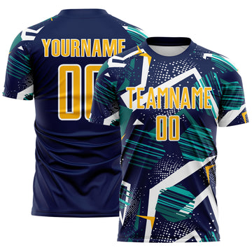 Custom Navy Gold Teal-White Geometric Asymmetry Shatter Sublimation Soccer Uniform Jersey