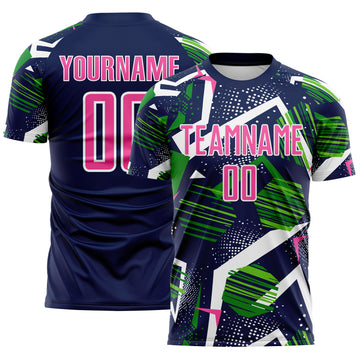 Custom Navy Pink Green-White Geometric Asymmetry Shatter Sublimation Soccer Uniform Jersey