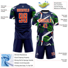 Laden Sie das Bild in den Galerie-Viewer, Custom Navy Orange Green-White Geometric Asymmetry Shatter Sublimation Soccer Uniform Jersey
