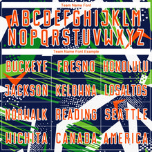 Laden Sie das Bild in den Galerie-Viewer, Custom Navy Orange Green-White Geometric Asymmetry Shatter Sublimation Soccer Uniform Jersey
