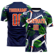 Laden Sie das Bild in den Galerie-Viewer, Custom Navy Orange Green-White Geometric Asymmetry Shatter Sublimation Soccer Uniform Jersey

