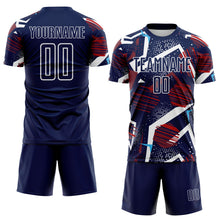 Load image into Gallery viewer, Custom Navy Red Blue-White Geometric Asymmetry Shatter Sublimation Soccer Uniform Jersey
