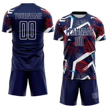 Custom Navy Red Blue-White Geometric Asymmetry Shatter Sublimation Soccer Uniform Jersey