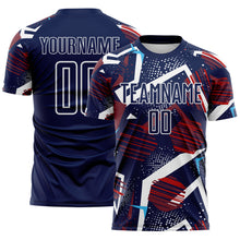 Load image into Gallery viewer, Custom Navy Red Blue-White Geometric Asymmetry Shatter Sublimation Soccer Uniform Jersey
