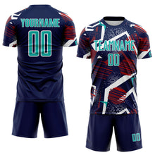Laden Sie das Bild in den Galerie-Viewer, Custom Navy Aqua Red White-Black Geometric Asymmetry Shatter Sublimation Soccer Uniform Jersey
