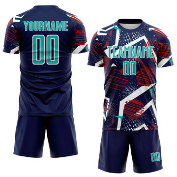 Custom Navy Aqua Red White-Black Geometric Asymmetry Shatter Sublimation Soccer Uniform Jersey